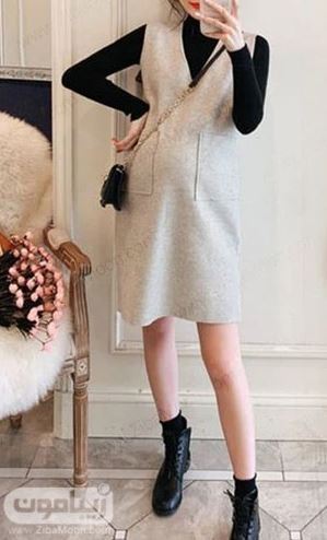 شیک ترین مدل سارافون حاملگی پاییزی به رنگ کرمی با لباس استین بلند مشکی