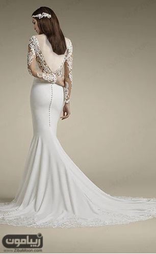 زیباترین مدل لباس عروس دنباله دار پشت باز با بالاتنه گیپوری و دامن ساتن